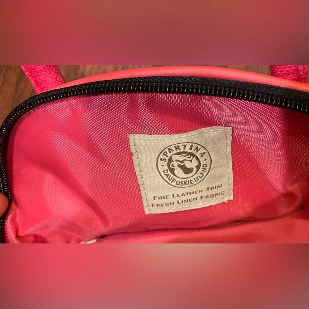 Spartina 449 Purse Cosmetic Bag Mini Bowler Beige/Black/Pink Linen/Leather